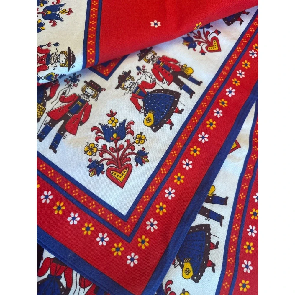 Vintage Austria Cotton Folk Art Table Runner Red &‎ Blue Floral Dancing Couple